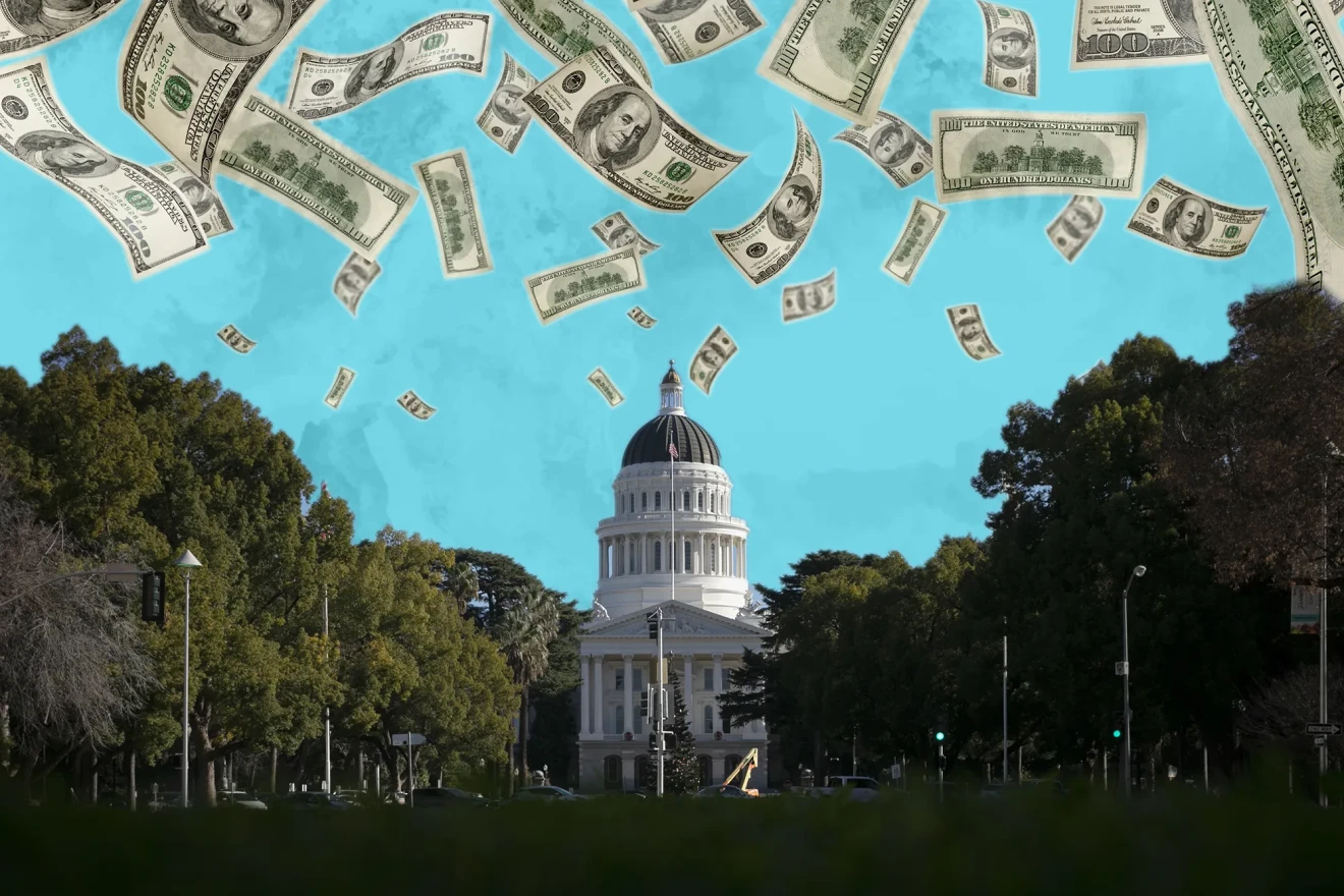 An illustrated image shows $100 bills falling from the sky above California's State Capitol.